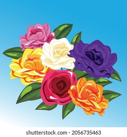 vector illustration many colored roses 
green leaves on a blue background