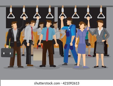 Vector Illustration Of Many Commuters Inside A Crowded Metro Or Subway During Rush Hours.