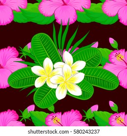 Vector illustration with many cute flowers on a brown background. Seamless pattern with multicolored flowers, spring motif.