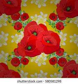 Vector illustration with many cute flowers on a yellow background. Seamless pattern with multicolored flowers, spring motif.