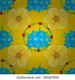 Vector illustration with many cute flowers on a yellow background. Seamless pattern with multicolored flowers, spring motif.