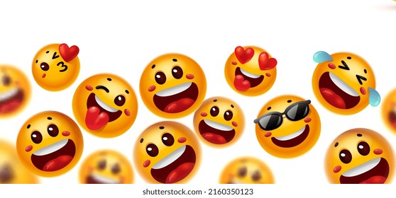 Vector illustration of many different happy yellow color smile emoticon in sunglasses. 3d style design of fun laugh emoji with open mouth, heart, tongue and tear on white background for social media