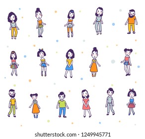 Vector illustration of many different people on white background. Hand drawn flat line art style design for web, site, card, poster, banner