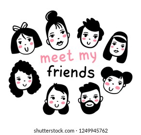 Vector illustration of many different white and black color head of people with text. Hand drawn flat line art style design for web, site, card, poster, banner
