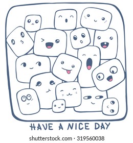 Vector illustration of many doodle cubes with emotional faces of ink color on white background in frame. Hand draw line art design for web, banner, poster, card, t-shirt, print.