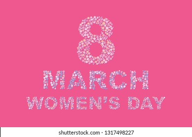 The Vector illustration of many dots crowding isolated and combine in words '8 March Woman Day' on pink background for making card or backdrop.