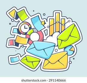 Vector illustration of many envelopes and financial documents on color background. Hand draw line art design for web, site, advertising, banner, poster, board and print.  