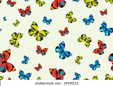 Vector illustration of many funky butterflies of different colors flying around. Seamless Pattern.