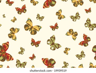 Vector illustration of many funky butterflies of different colors flying around. Seamless Pattern.