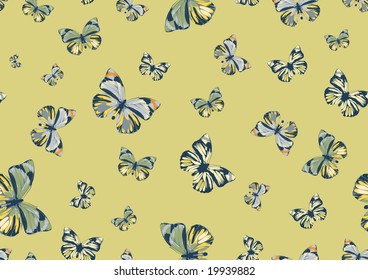 Vector illustration of many funky butterflies of different colors flying around. Seamless Pattern.