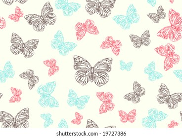 Vector illustration of many funky hand-drawn butterflies of different size  flying around  . Seamless Pattern.