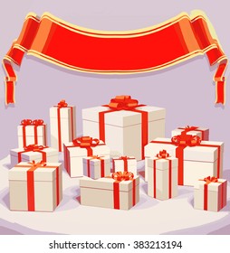 Vector illustration of many gift boxes over  background with red ribbon 