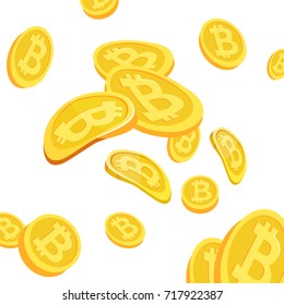 Vector illustration many gold bitcoin fly background cartoon style isolated
