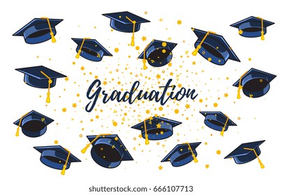 Vector illustration of many graduate caps and confetti on a white background with text. Congratulation graduates. Caps thrown up. Design of greeting, invitation card for the graduation party with hat