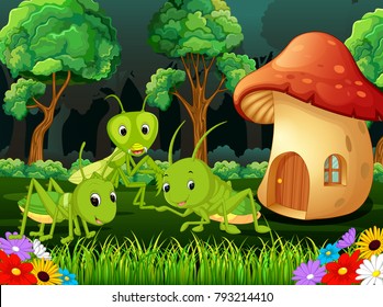 vector illustration of many grasshopper and a mushroom house in forest