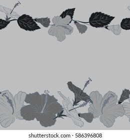 Vector illustration with many gray hibiscus flowers and copy space (place for your text). Trendy seamless floral pattern.