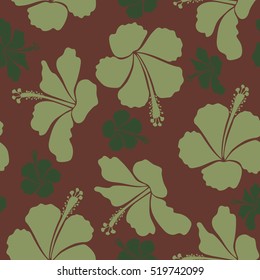 Vector illustration with many green and brown hibiscus flowers. Trendy seamless floral pattern.