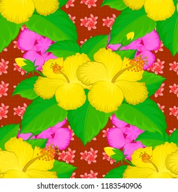 Vector illustration with many green, yellow and pink hibiscus flowers. Trendy floral pattern.