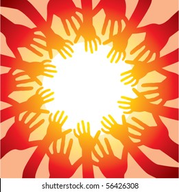 vector illustration of many hands around hot sun