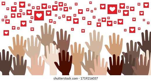 vector illustration of many hands and heart likes icons for social media appreciation and need for love visual