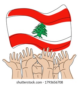 Vector illustration of many hands raise up, a Cedar tree, Lebanon flag, pray for Lebanon. design for humanity, peace, donations, charity and anti-war.