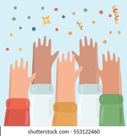 Vector illustration of many hands raised up. People celebrate the fest. confetti, streamers, firecrackers, stars above