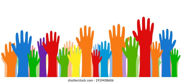 Vector Illustration, Many Human Hands Raised Up. Diversity Of Multinational People. Racial Equality. Gender Equality. Stock Vector EPS 10