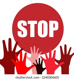 Vector illustration of many human hands open illustrating refusing something with red circle stop sign for web or suggestion stop smoking, stop racist in isolated white