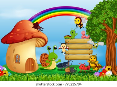 vector illustration of many insect and a mushroom house in forest