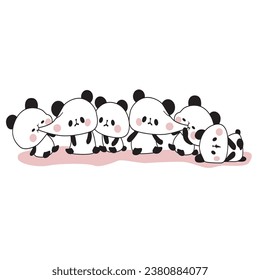 Vector illustration of many lovely cartoon pandas gathered in a heap on white background. Happy cute pandas are on each other in different poses. Flat line art style design for poster, greeting card
