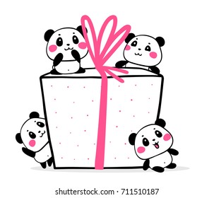 Vector illustration of many lovely cartoon pandas and big gift box with pink ribbon. Happy cute pandas congratulate on holiday on white background. Flat style design of greeting card, birthday sticker