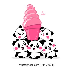 Vector illustration of many lovely cartoon pandas with big pink ice cream. Happy cute pandas and fruit ice cream cone on white background. Flat style design for poster, greeting card, tshirt, sticker