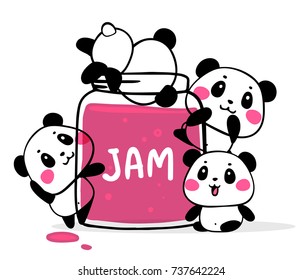 Vector illustration of many lovely cartoon pandas with big pink jam jar on white background. Happy cute pandas want to eat fruit jam. Flat line art style design for poster, greeting card, sticker