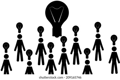 Vector , illustration. Many men with light bulbs, and a big light bulb in the middle. 