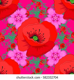 Vector illustration with many motley flowers on a magenta background. Trendy seamless floral pattern.