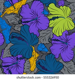 Vector illustration with many multicolor flowers on blue background. Trendy multicolored seamless floral pattern.