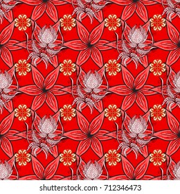 Vector illustration with many neutral, red and pink flowers. Trendy seamless floral pattern.