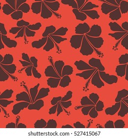 Vector illustration with many orange and brown hibiscus flowers. Trendy seamless floral pattern.