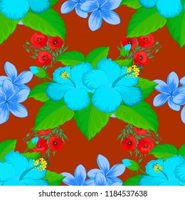 Vector illustration with many orange, green and blue hibiscus flowers. Trendy seamless floral pattern.