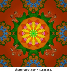 Vector illustration with many orange, green and blue flowers. Trendy seamless floral pattern.