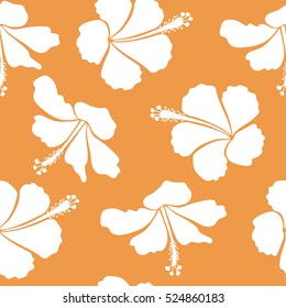 Vector illustration with many orange and white hibiscus flowers. Trendy seamless floral pattern.