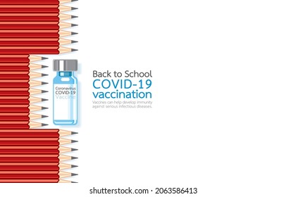 Vector illustration of many pencils arranged in rows, leaving space for COVID-19 vaccine bottle, top view, design template, copy space on white,Children at risk of contracting COVID-19 back to school.