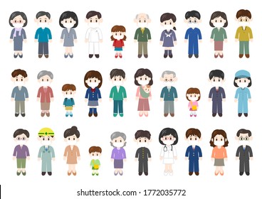 Vector illustration of many people wearing a face mask for prevention.  Protection against infectious diseases. Cold prevention. Preventing hay fever. Vector illustration.