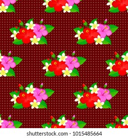 Vector illustration with many pink, red and green flowers. Trendy seamless floral pattern.