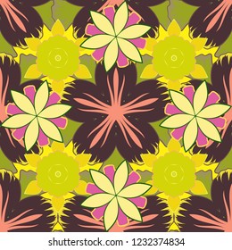 Vector illustration with many pink, yellow and brown flowers. Trendy seamless floral pattern.