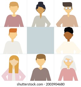 Ilustración vectorial de muchos retratos de diferentes hombres y mujeres