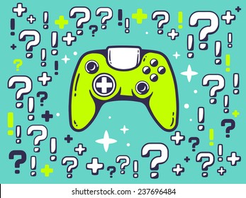 Vector illustration of many questions and exclamation marks around joystick on green pattern background. Line art design for web, site, advertising, banner, poster, board and print. 