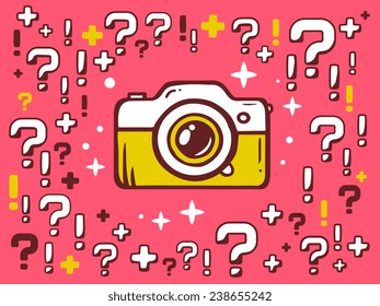 Vector illustration of many questions and exclamation marks around photo camera on red pattern background. Line art design for web, site, advertising, banner, poster, board and print.