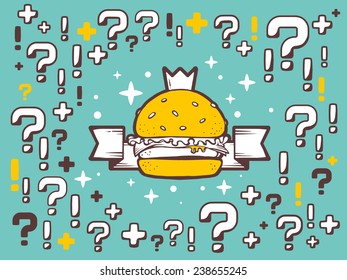 Vector illustration of many questions and exclamation marks around burger with crown on green pattern background. Line art design for web, site, advertising, banner, poster, board and print.