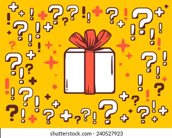 Vector illustration of many questions and exclamation marks around gift box on yellow pattern background. Line art design for web, site, advertising, banner, poster, board and print.